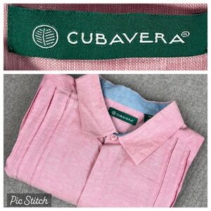 New Cubavera Guayabera Shirt Mens 2X Pink Linen Blend Short Sleeve Pleated